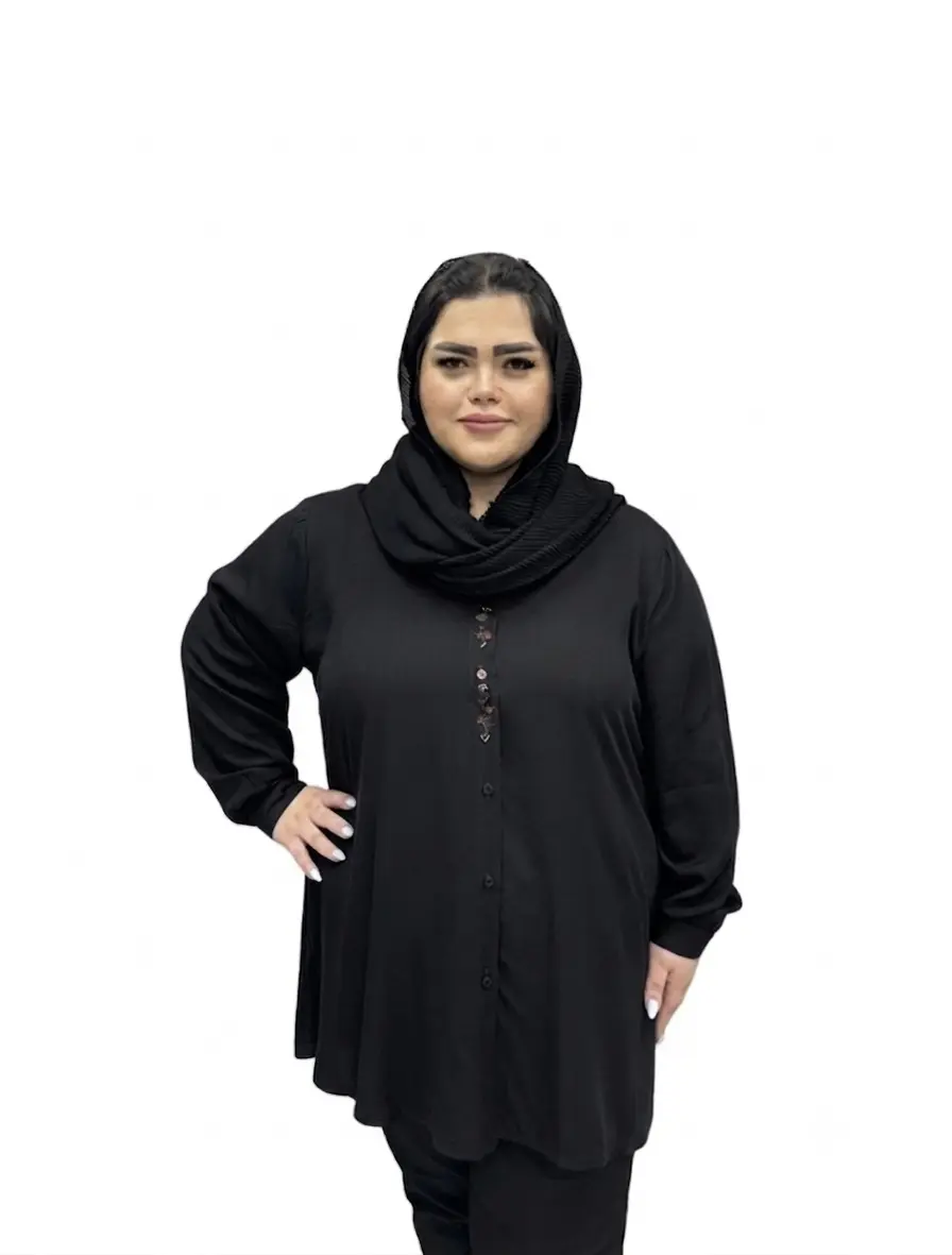 شومیز مانتویی سایز بزرگ زنانه نخی طرح گلدوزی خوشه ای